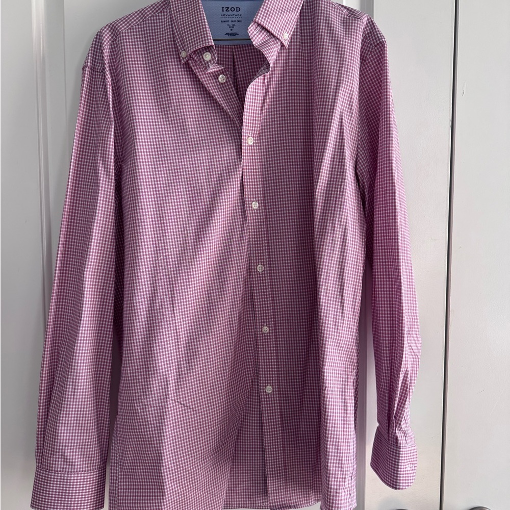 Izod Slim Fit Men's Red & White Gingham Button Down Shirt